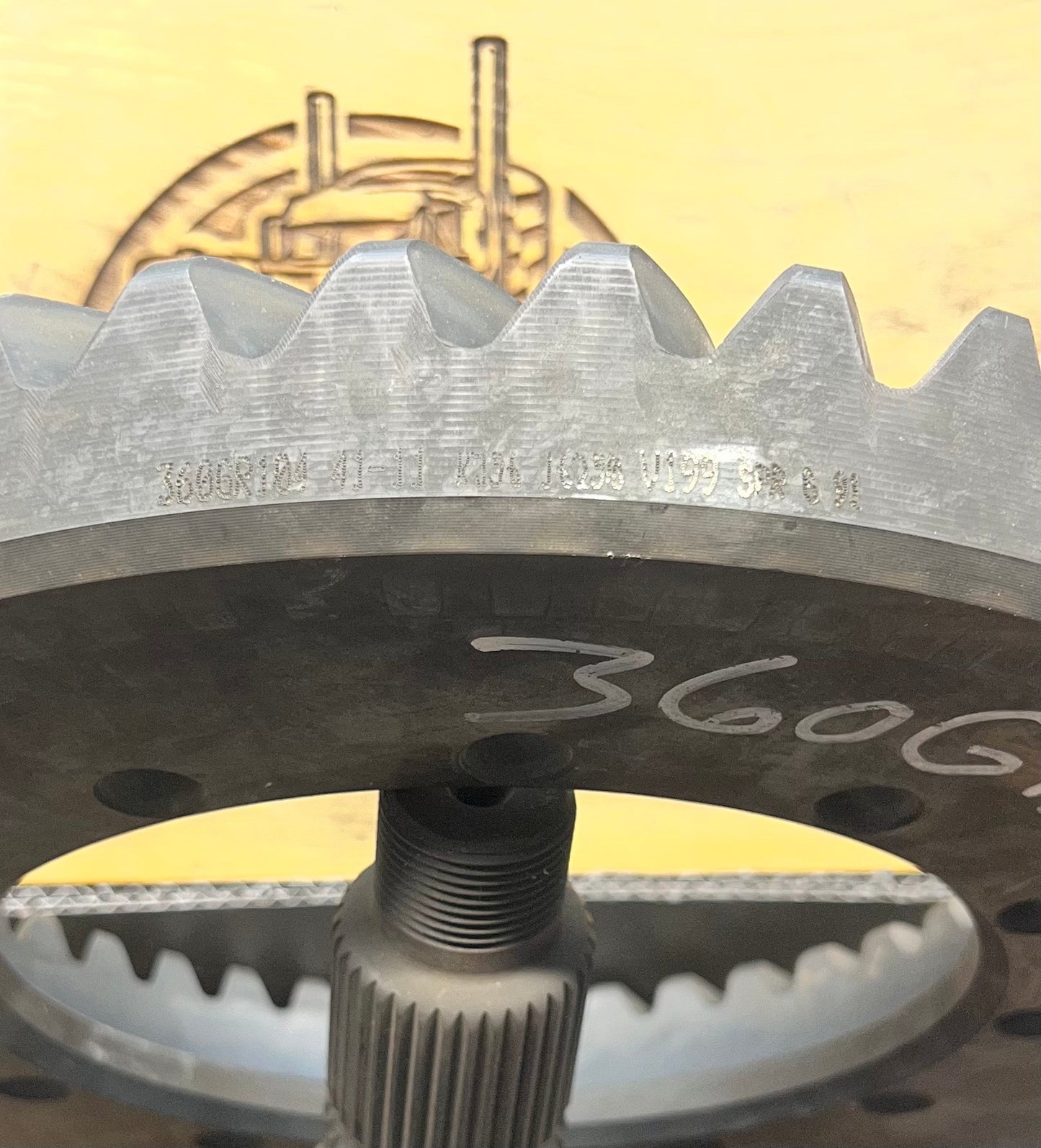 Close-up view of Dana Spicer 360GR104 hypoid ring gear teeth from the 360KG104X 3.73 gearset for S135 S150 G360CA axles