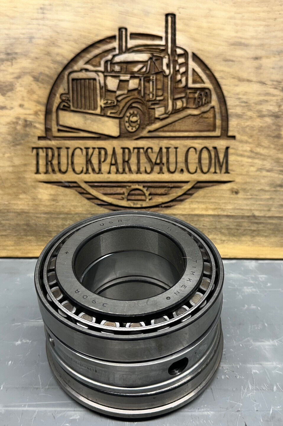Eaton Fuller 14367 auxiliary mainshaft bearing set, OEM genuine, A3071 cross reference for NTN and Timken, shown assembled on bench with roller elements visible