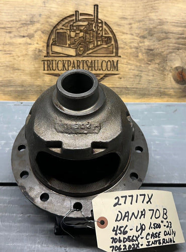 Dana Spicer 27717-X loaded differential case for Dana 70-B — front/face view showing pilot and bolt circle; New OE, 1.500″-23 spline (A-gears), 2-pin case, for 4.56 ratio & up (not Power Lok)