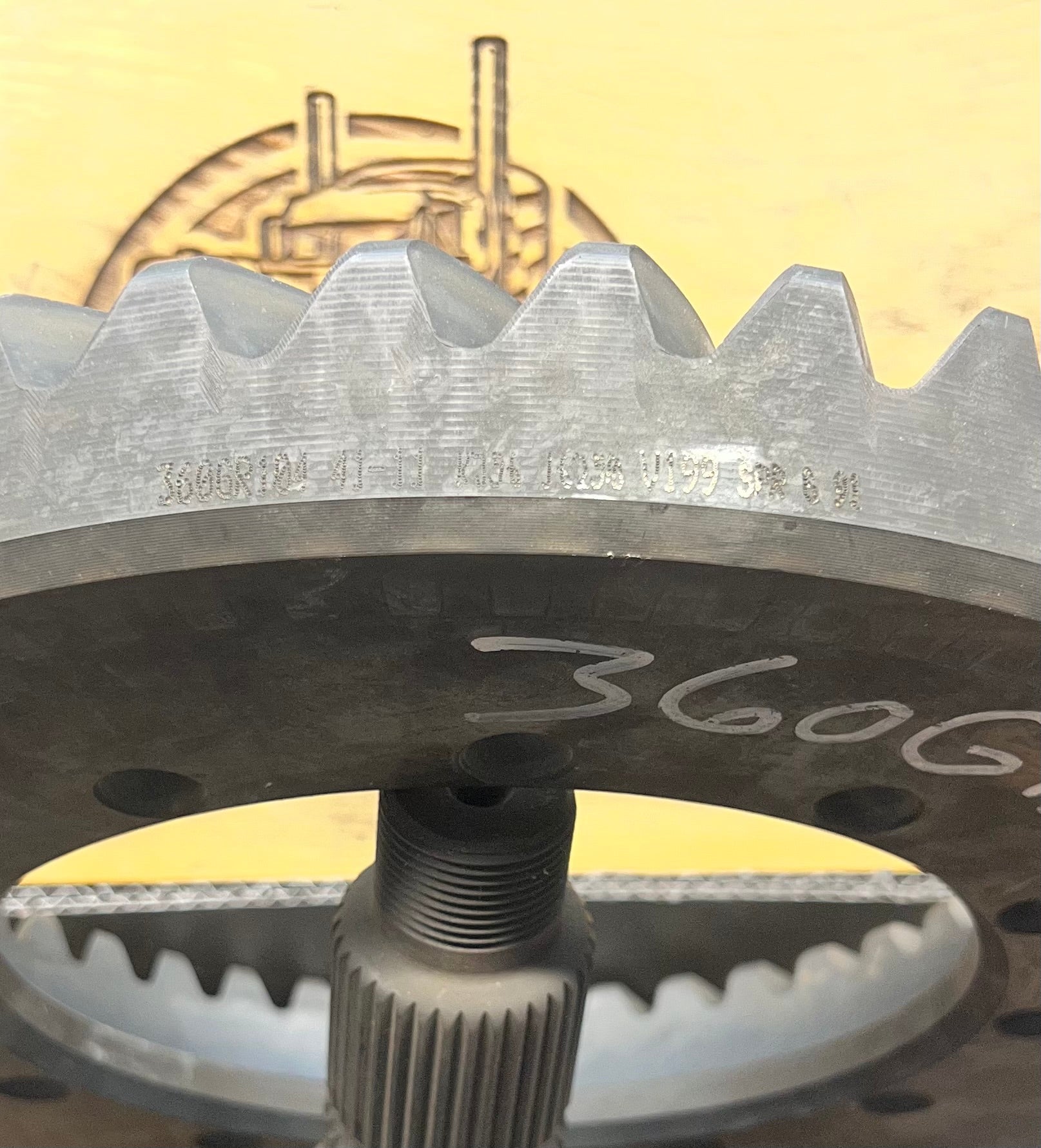 Close-up view of Dana Spicer 360GR104 hypoid ring gear teeth from the 360KG104X 3.73 gearset for S135 S150 G360CA axles