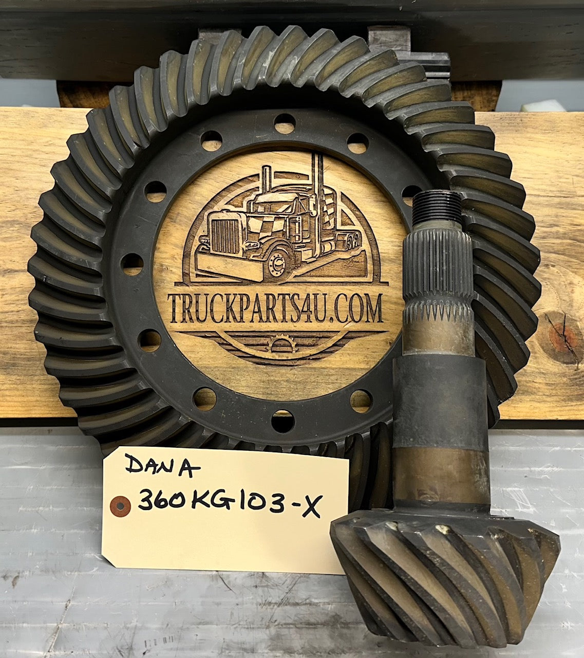 Close-up of Dana 360KG103X ring and pinion gearset (46/13) for S135, S150, G360CA axles, New Genuine.