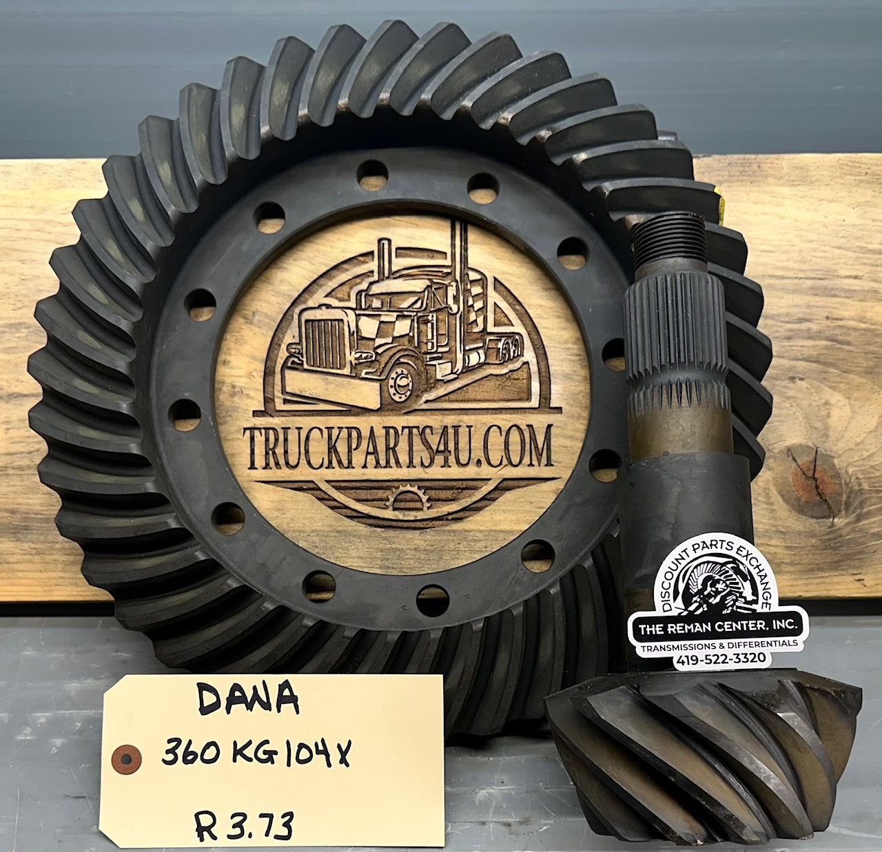 Closeup of Dana Spicer 360KG104X ring and pinion gearset for S135, S150 and G360CA axles, 3.73 ratio, new genuine OEM set with ring gear and pinion.