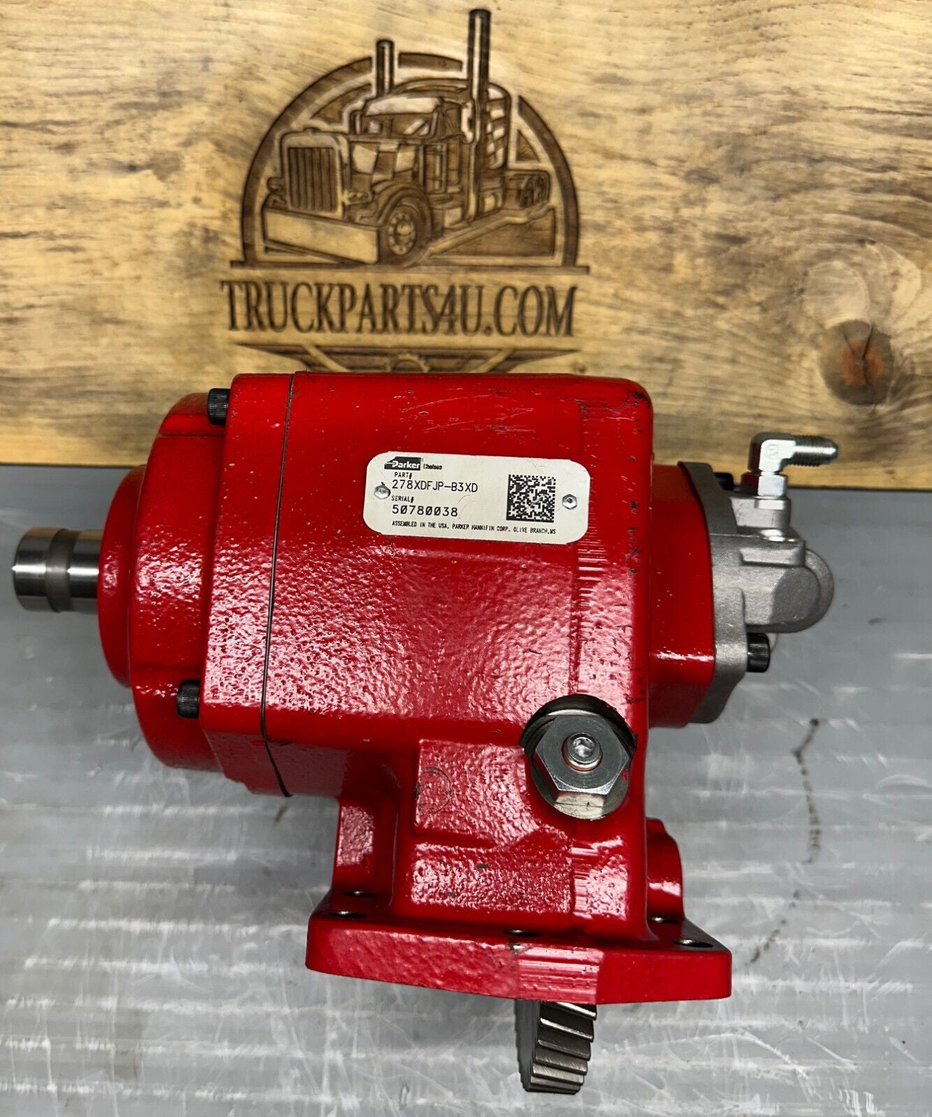 Front view of Parker Chelsea 278XDFJP-B3XD PTO showing data plate and mounting face – new (NOS) unit for Allison transmissions, 1-P-591 case