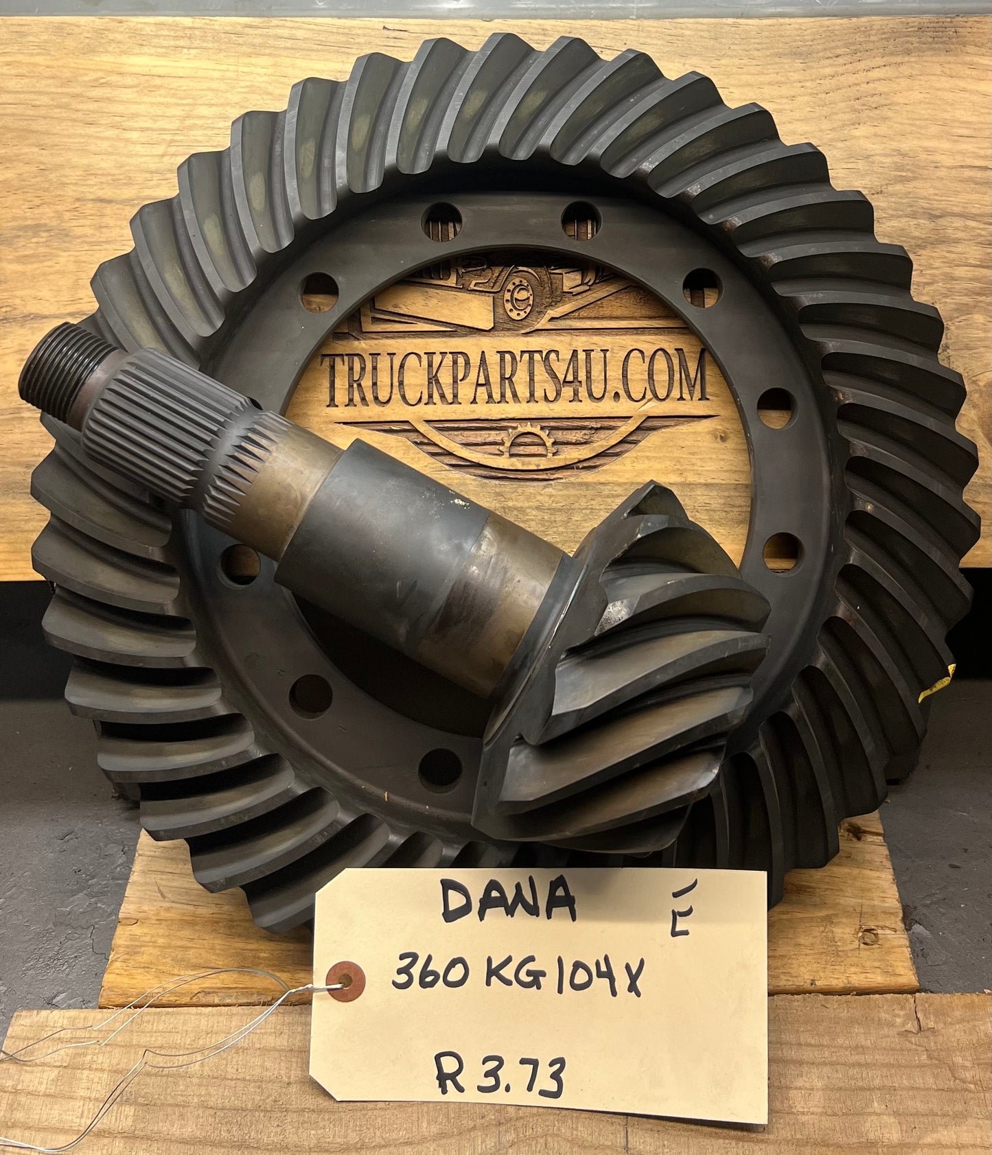New Genuine Dana Spicer ring and pinion gear set 360KG104X showing 360GR104 ring gear and 360GP104 pinion with 41/11 tooth count for 3.73 ratio