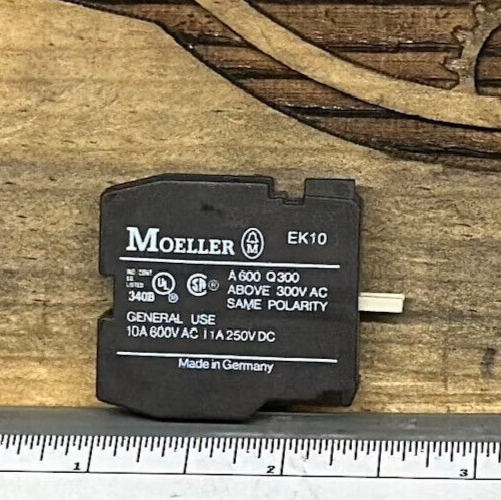 Rear view of EK10 Moeller contact block displaying electrical ratings and Made in Germany – new old stock