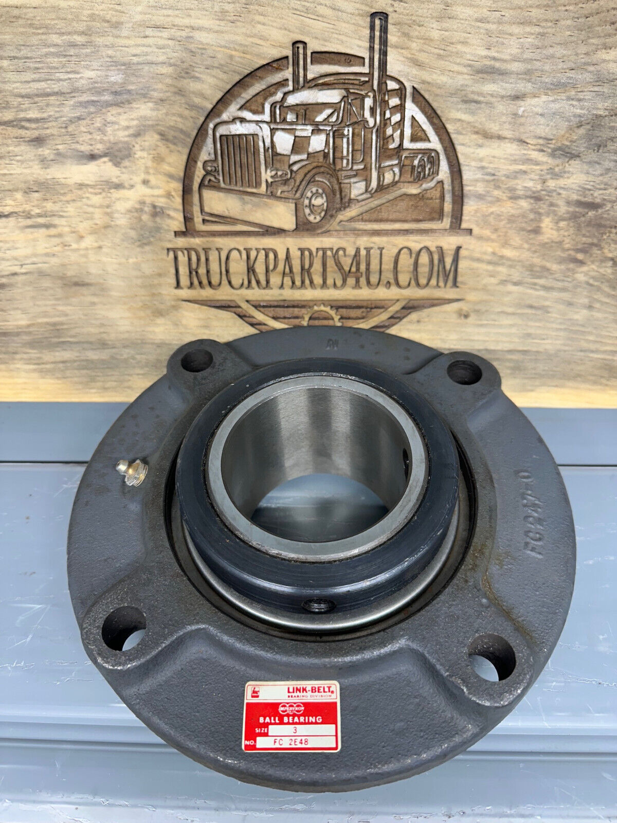 Link-Belt FC2E48 4-bolt flange bearing unit, 3 inch bore, front view with nameplate – New Surplus from DPX Mansfield Ohio