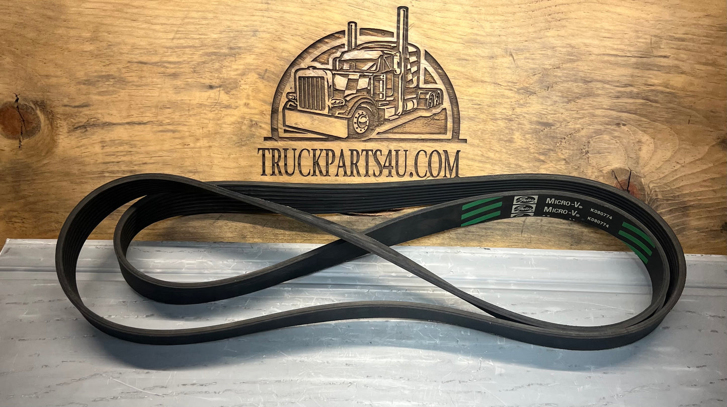 Full view of Gates K080774 Micro-V Green Stripe 8-rib serpentine belt laid out for inspection