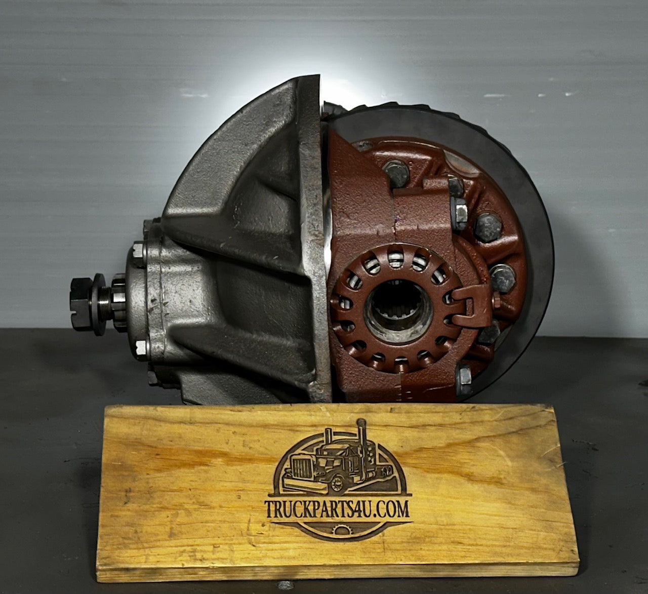 HO52 GM Eaton differential carrier side view – reconditioned – on shop stand – direct fit for 1946–1972 GM 1-ton trucks
