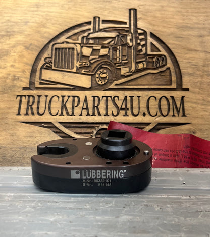 Side view of Lübbering 80322101 geared offset head showing the square drive, open-end head, and serial number 814148