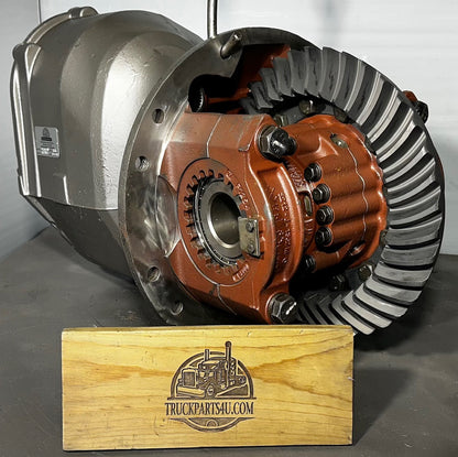 Remanufactured Meritor MD20-145 forward rear tandem differential with power divider on shop stand, rebuilt by DPX in Mansfield Ohio