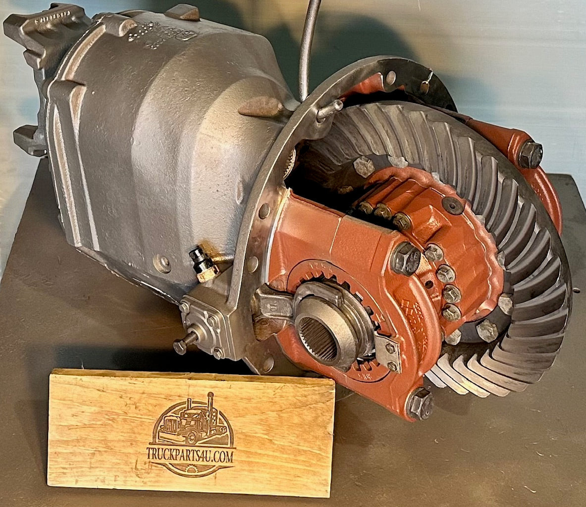 Close-up view of the ring gear and carrier on remanufactured Meritor MDL20-145 forward rear differential with full locker by DPX