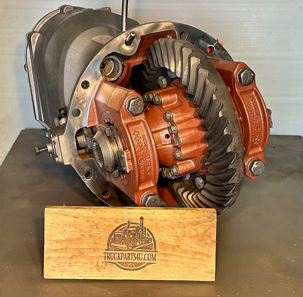 Remanufactured Meritor MDL20-145 forward rear tandem differential with full driver controlled locker on shop stand, rebuilt by DPX in Mansfield Ohio