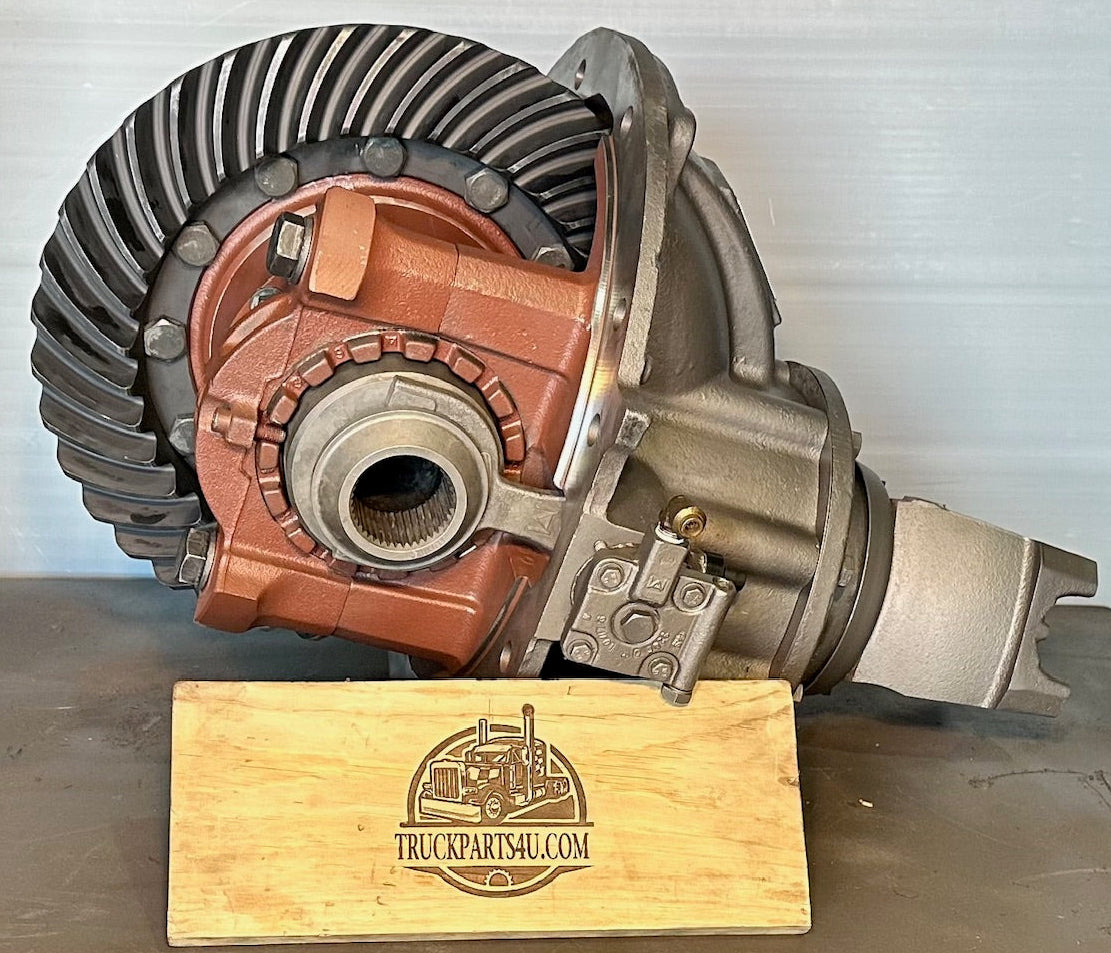 Remanufactured Meritor RRL20-145 rear rear tandem differential with full driver controlled locker on shop stand, rebuilt by DPX in Mansfield Ohio