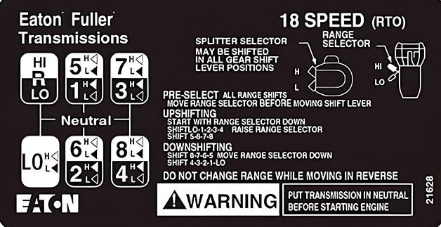 Official Eaton Fuller 18-Speed Roadranger shift pattern diagram for RTLO-18918B transmission showing full H-pattern, range selector, and splitter controls. Plate 21628.