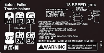 Official Eaton Fuller 18-Speed Roadranger shift pattern diagram for RTLO-18918B transmission showing full H-pattern, range selector, and splitter controls. Plate 21628.