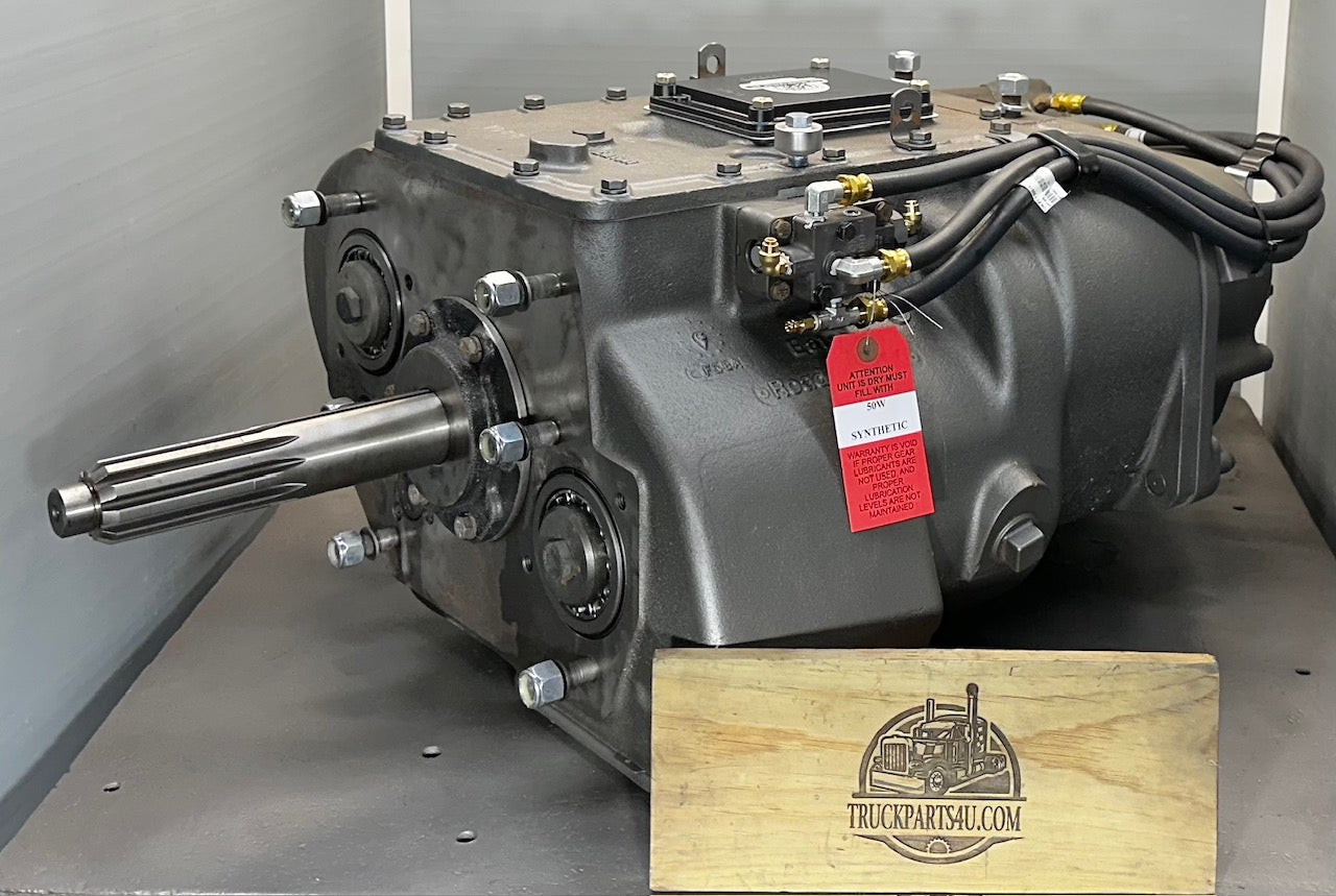 Left side view of remanufactured RTO16915-P / RTX16915-P Eaton Fuller Roadranger 15-speed transmission showing new A5000 range valve and new air hoses by DPX