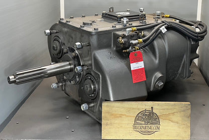 Left side view of remanufactured RTO16915-P / RTX16915-P Eaton Fuller Roadranger 15-speed transmission showing new A5000 range valve and new air hoses by DPX