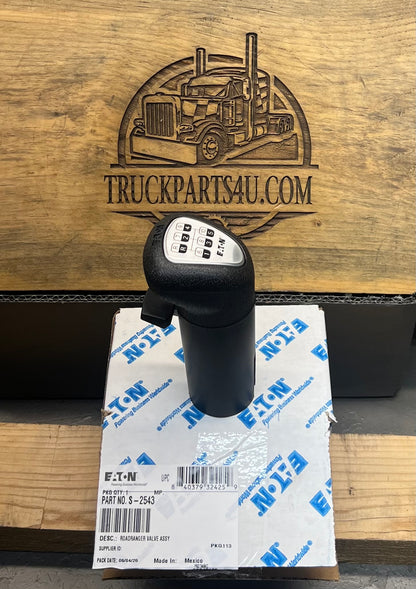 S2543 Eaton Fuller 9/10-speed Roadranger pistol grip shift knob with printed shift pattern and black range flipper, new genuine OEM