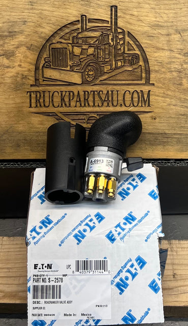 S2578 Eaton Fuller shift knob disassembled showing the valve body with 4 included brass 84005 air fittings, black range paddle, and red splitter button