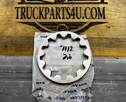 Front view of a genuine Volvo Penta 840553 toothed gear ring resting on an OEM Volvo Penta parts bag; NOS condition.