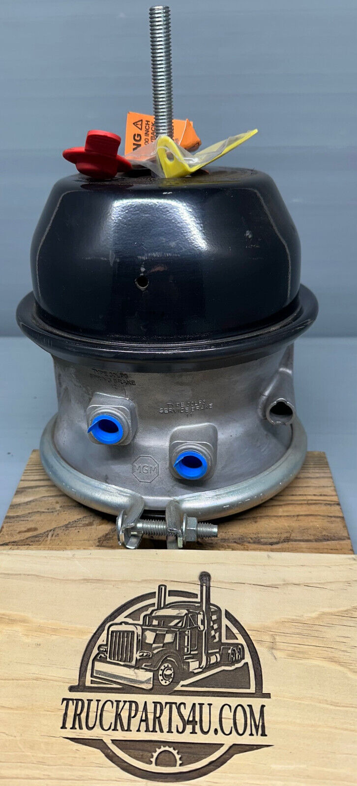 MGM TR3030LP3 Type 30/30 long-stroke spring brake chamber, new genuine 3230008 — front view showing dual service ports and band clamp.